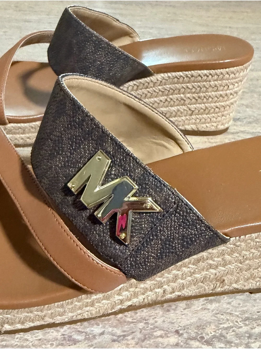Michael Kors Tan & Brown Leather Logo Espadrille Wedge Sandals with Gold Accents